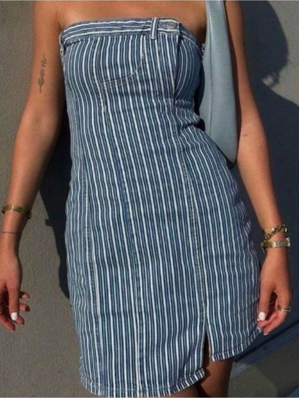 Zara Large Navy and White Striped Strapless Dress